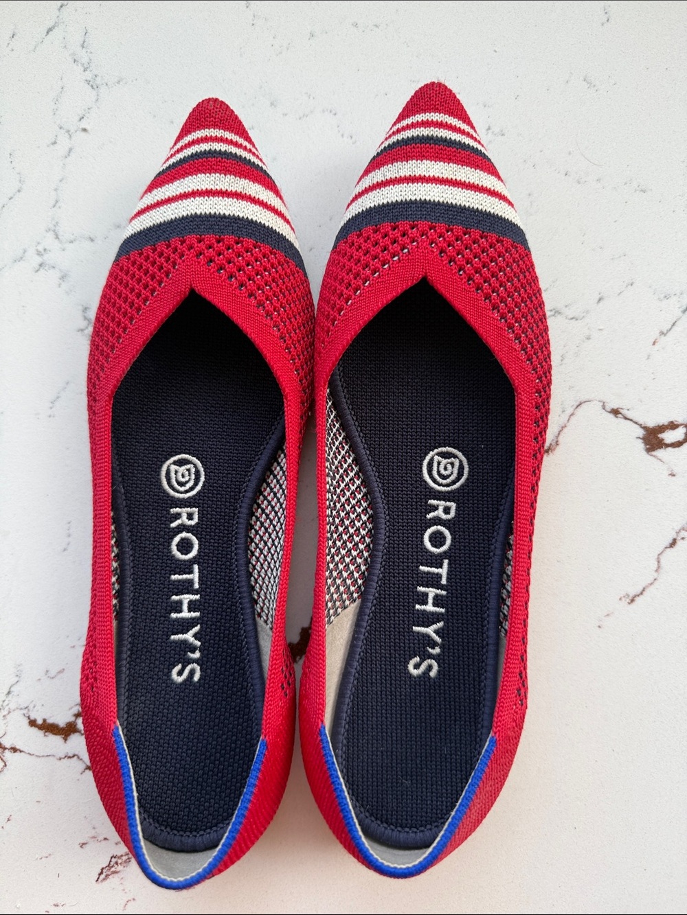 Rothy's Red Pointed Knit Flats with Navy & White Stripes